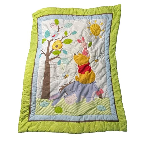 Vintage Disney Baby Winnie The Pooh Green Crib Quilt - Pooh, Piglet, Eeyore - Picture 2 of 6
